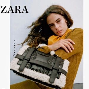 Zara Fleece Trim Quilted City Bag in black with faux shearling